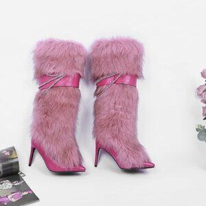 Pink Fluffy Boots for Women Knee High Wide Calf with Heel Fluffy Snow Boots Pink